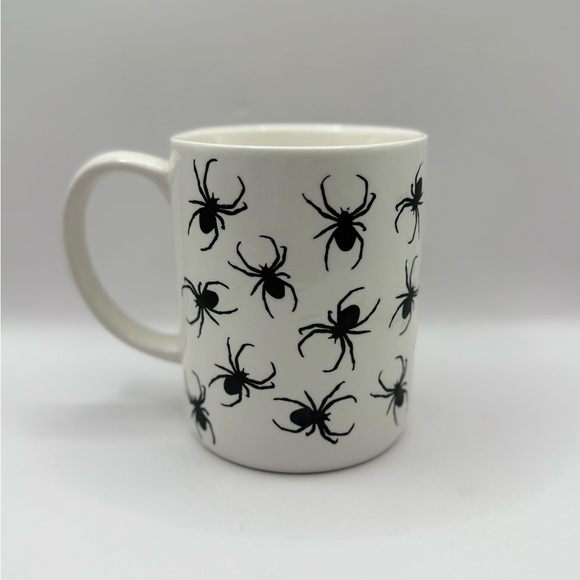 Halloween / white ceramic coffee mug decorated with black spider silhouettes. - Picture 1 of 4